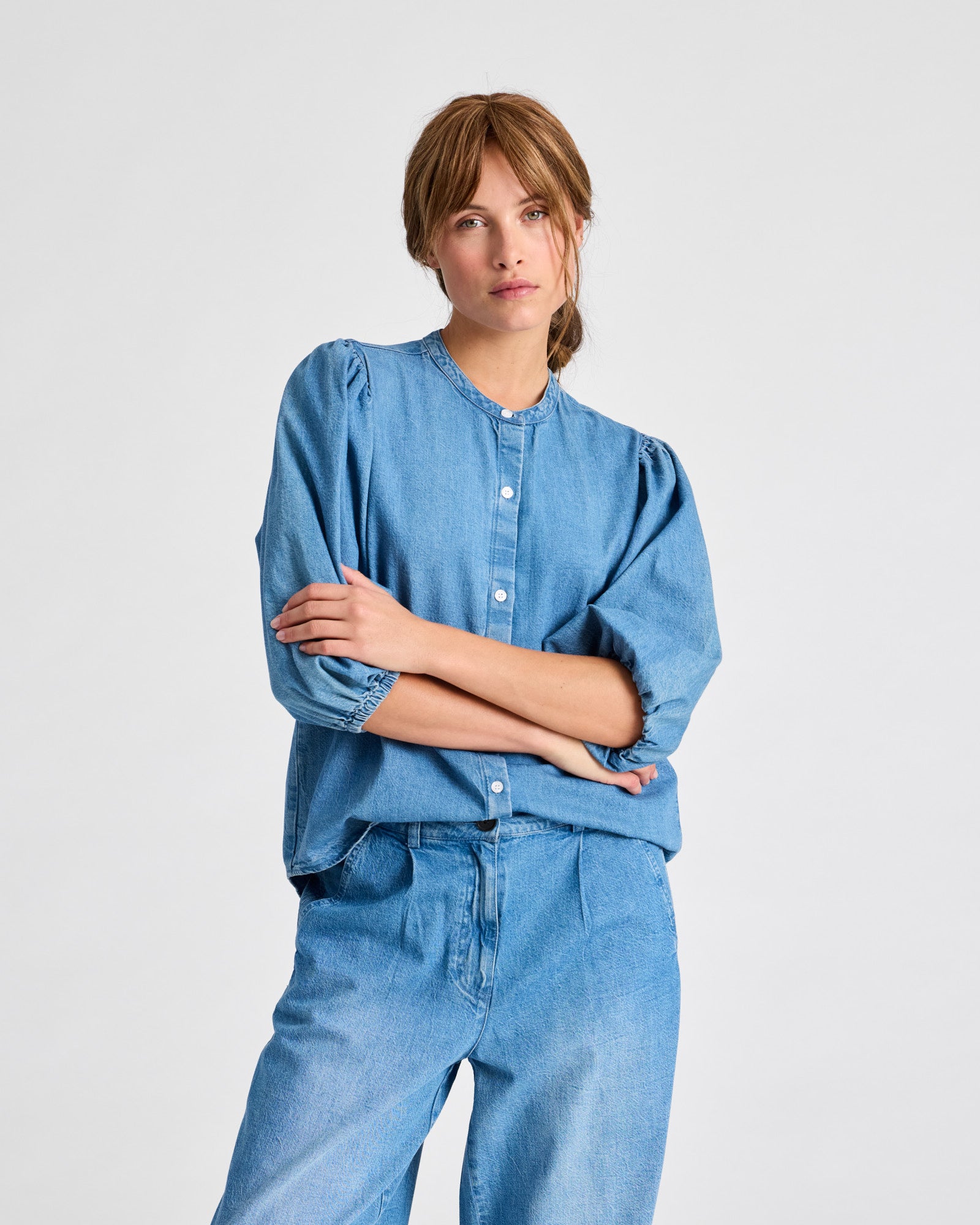 GAI+LISVA Elinor L/S Cotton Denim Light Washed Stand Collar Shirt Shirts & Blouses 710 Blue Denim