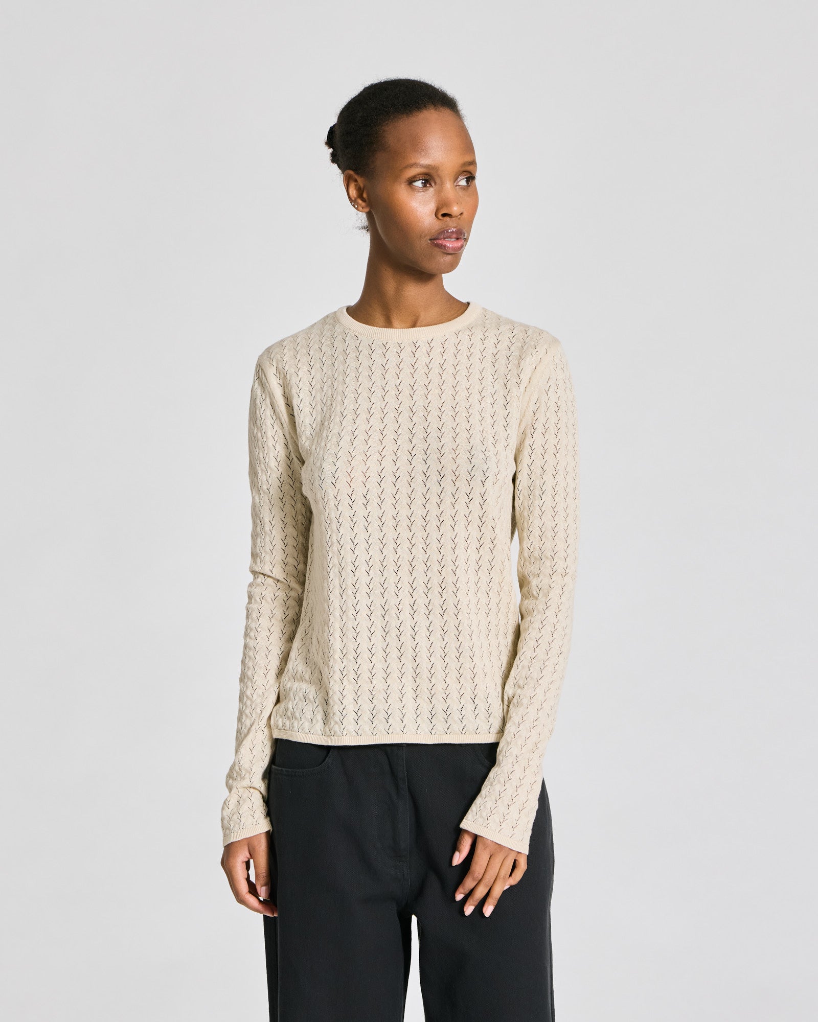 GAI+LISVA Freja L/S Leaves Pointel Knit Top - GOTS Cotton l Knitwear 151 Ecru
