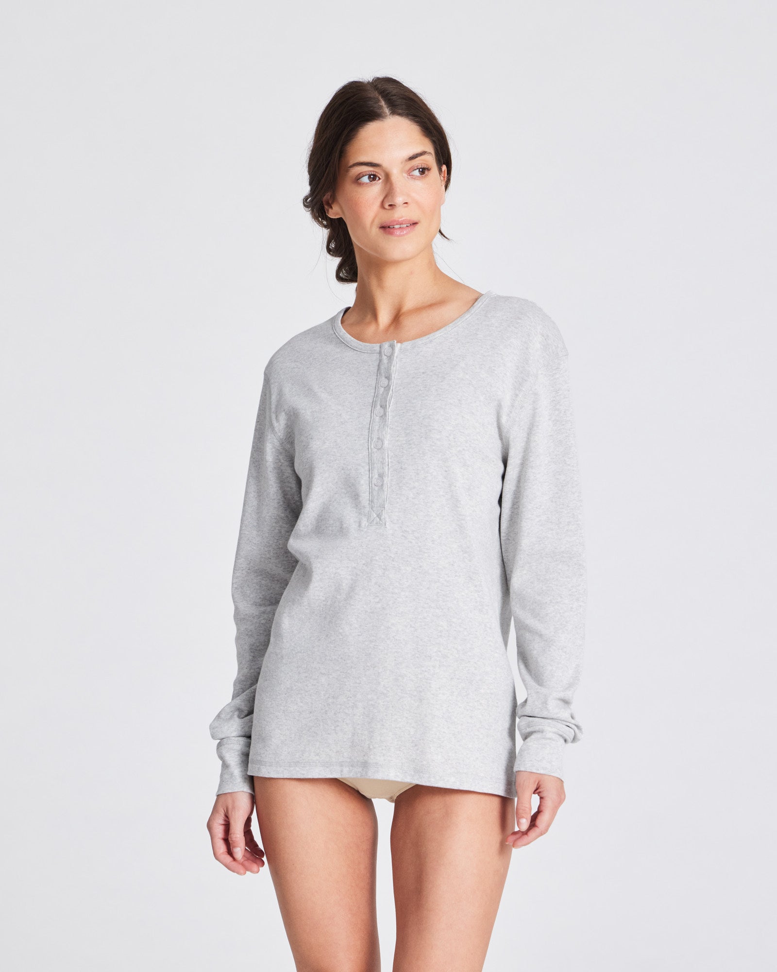 GAI+LISVA Ida Cotton 1x1 RIB Henley Tee GOTS 243975 Tops & T-shirts 601 Light Grey Melange