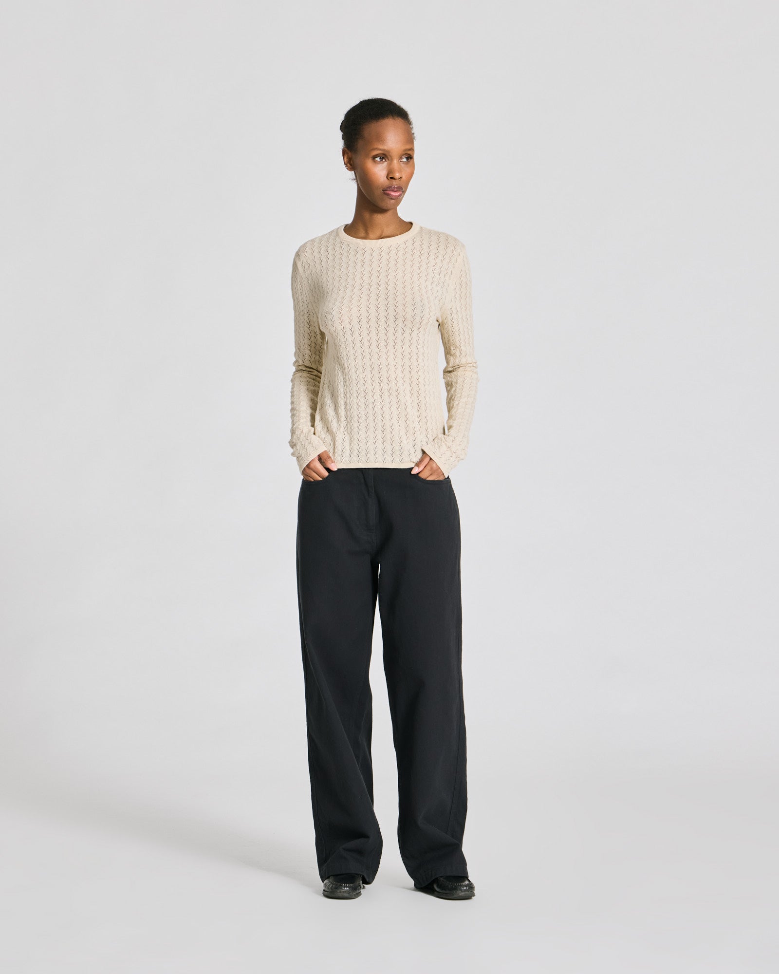 GAI+LISVA Freja L/S Leaves Pointel Knit Top - GOTS Cotton l Knitwear 151 Ecru