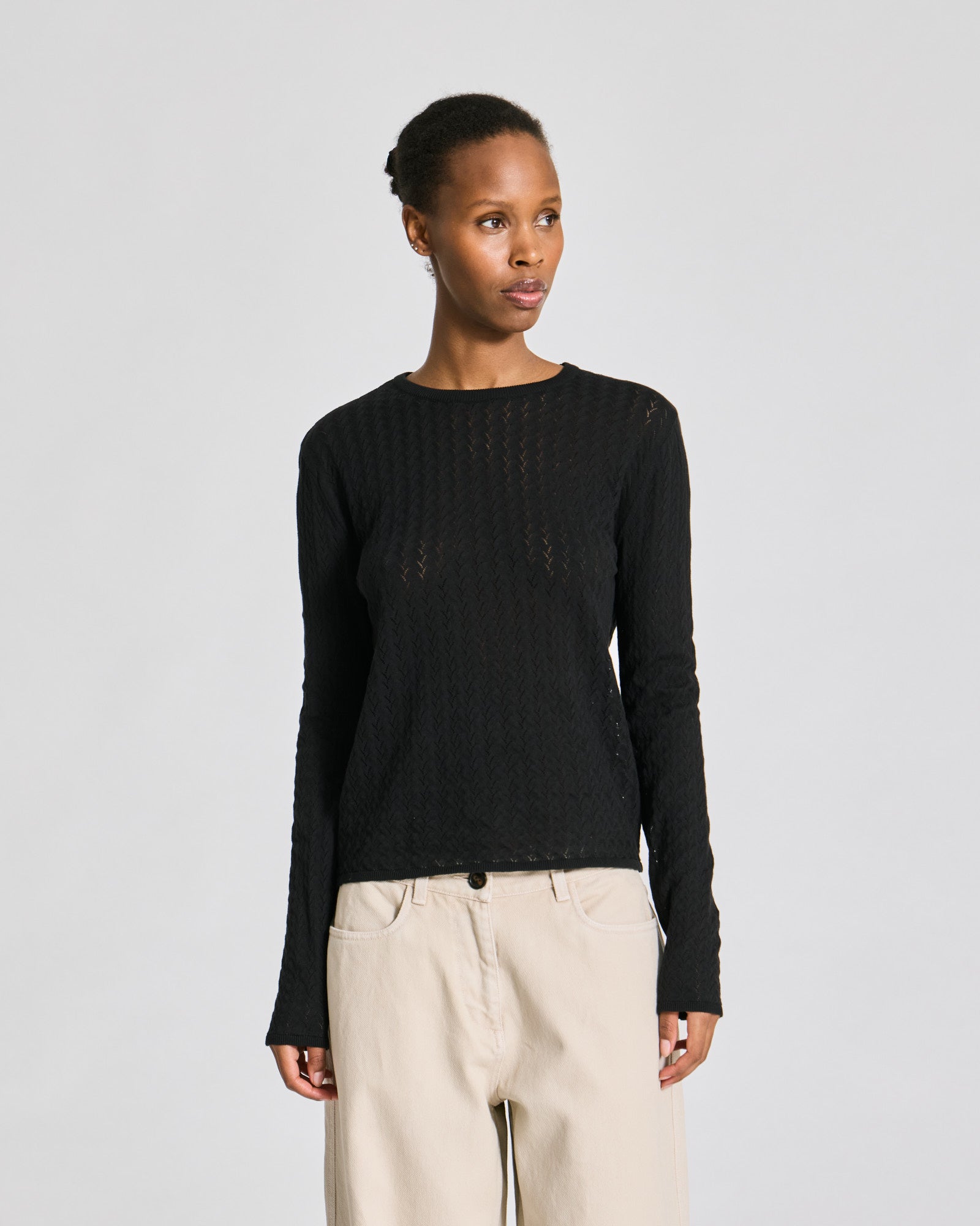 GAI+LISVA Freja L/S Leaves Pointel Knit Top - GOTS Cotton l Knitwear 650 Black