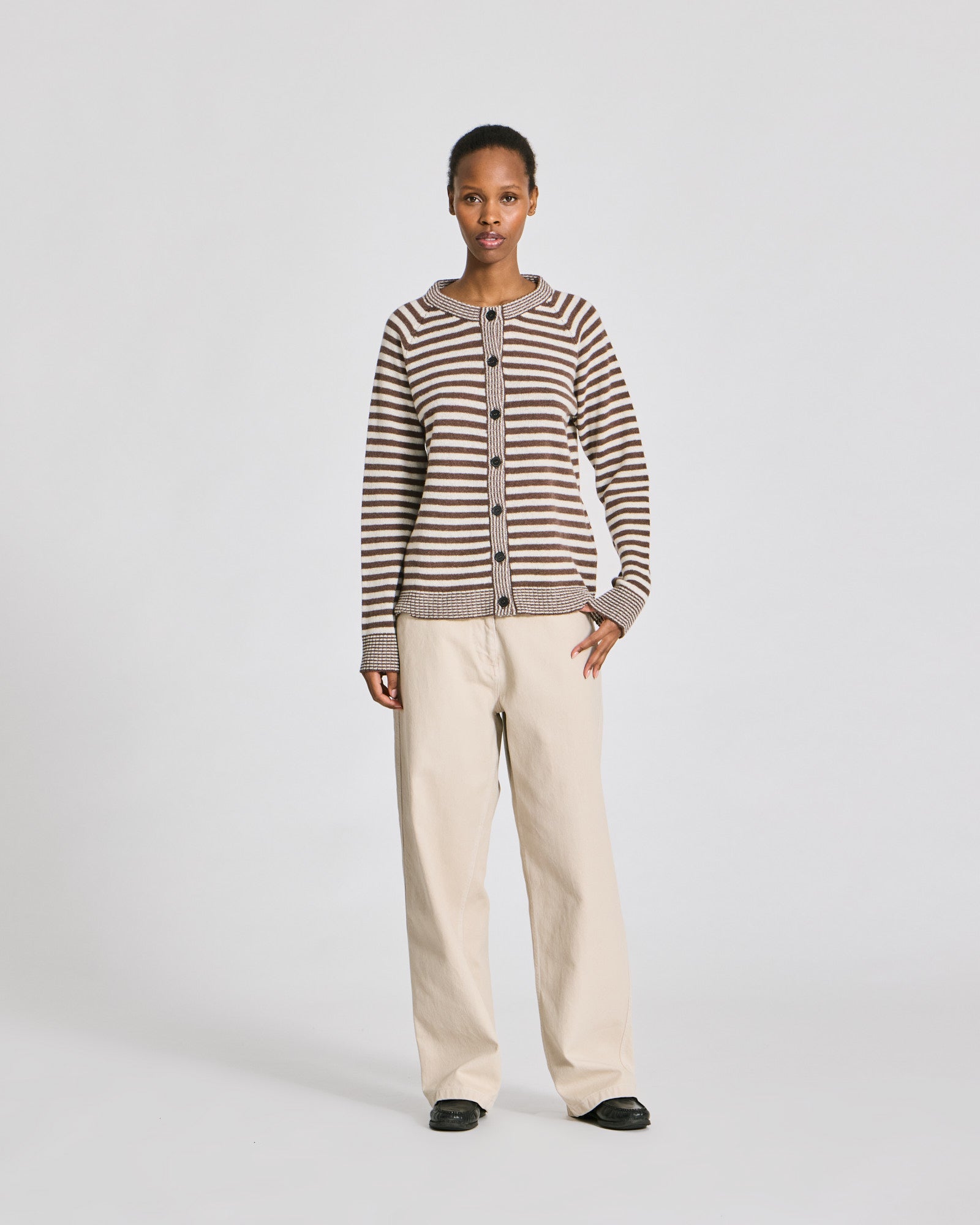GAI+LISVA Gry L/S Striped Cardigan Lambswool Knit Lambswool l Knitwear 754 Striped Brown / Ecru