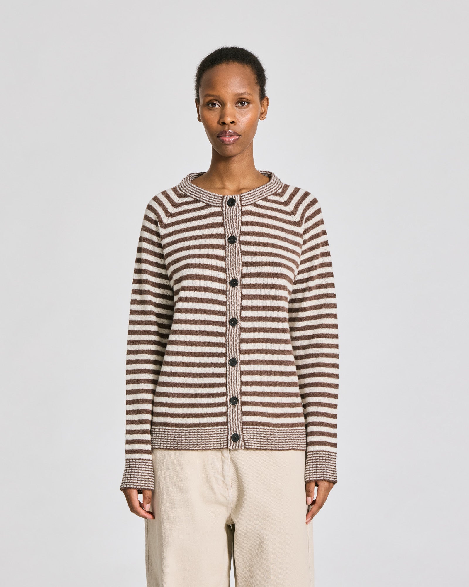 GAI+LISVA Gry L/S Striped Cardigan Lambswool Knit Lambswool l Knitwear 754 Striped Brown / Ecru